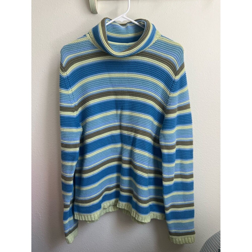(relativity) Striped 100% Cotton Turtleneck Sweater in Blue and Light Green